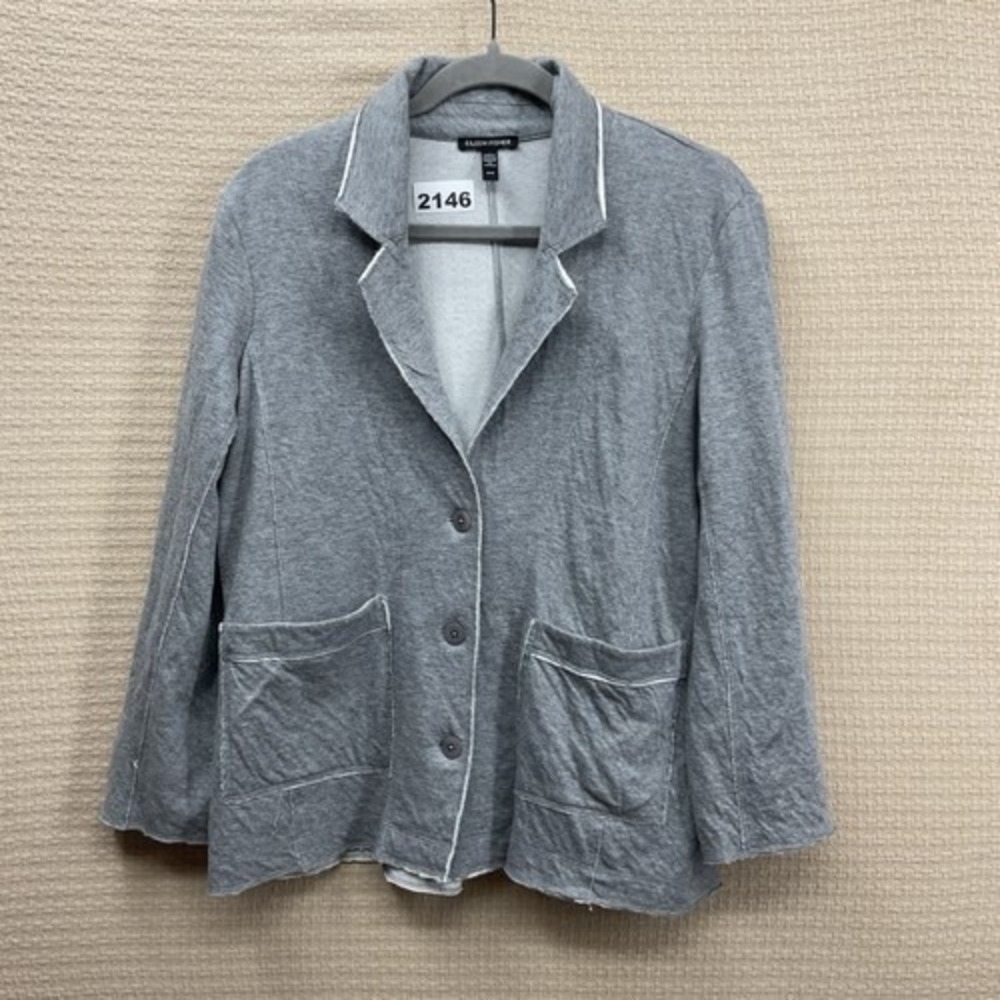 Eileen Fisher Gray Knit Flannel Button Blazer Cardigan Women M Vietnam Cotton